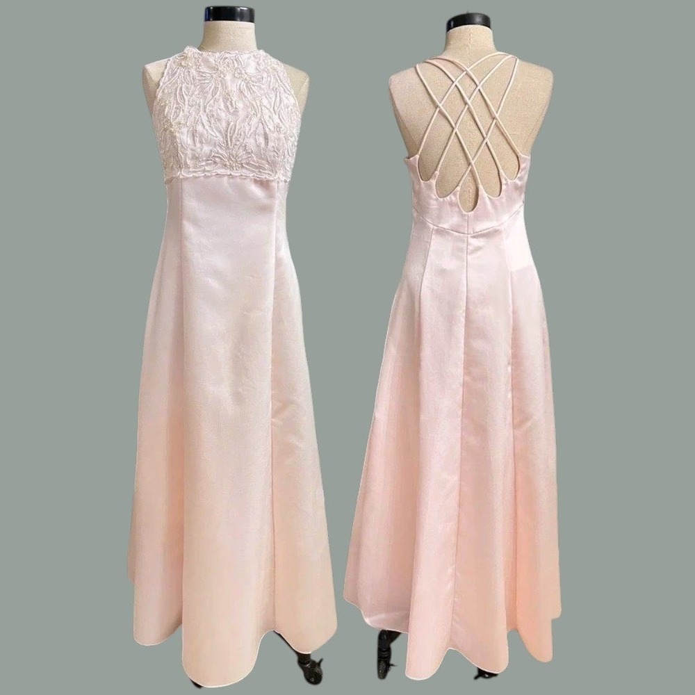 Vintage Pink Satin Beaded Strappy Back Gown Formal Prom size S/M 90s y2k